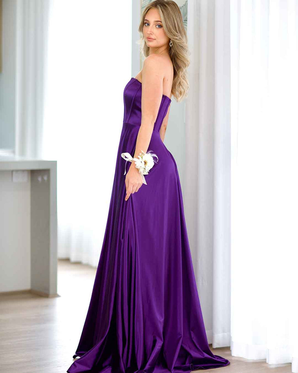 Satin Corset Bodice Gown with High Slit Plum