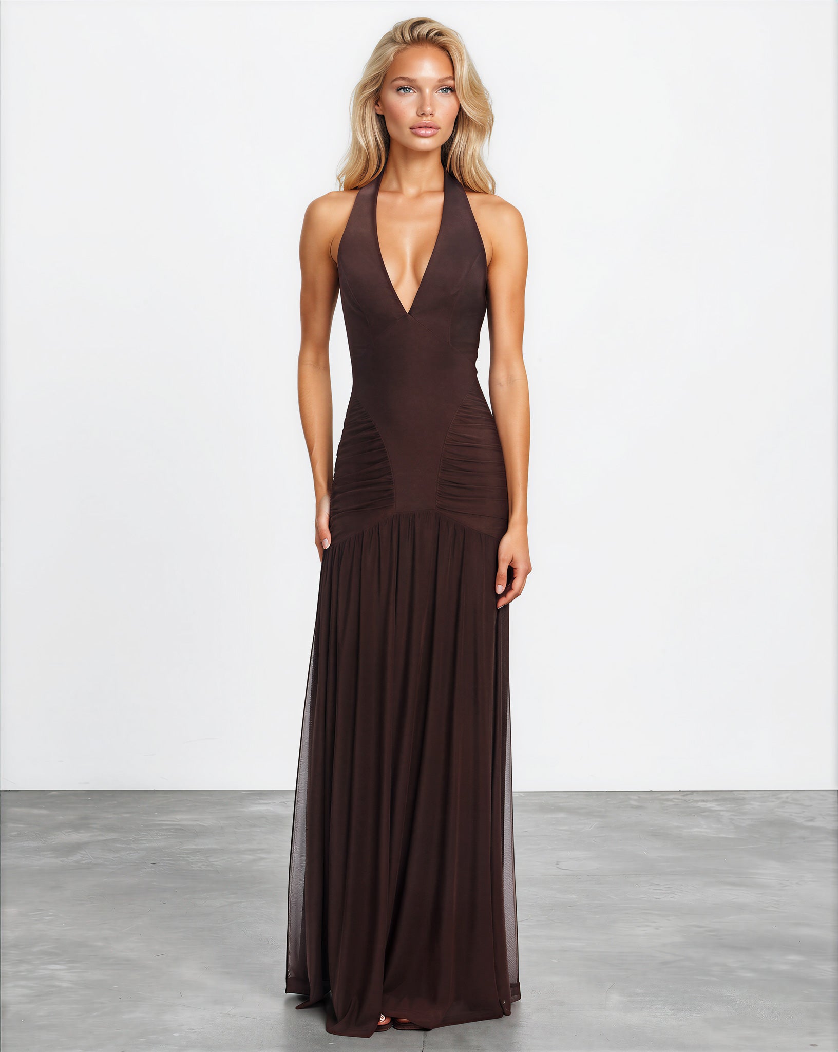 Amelie Mesh Maxi Dress Chocolate front