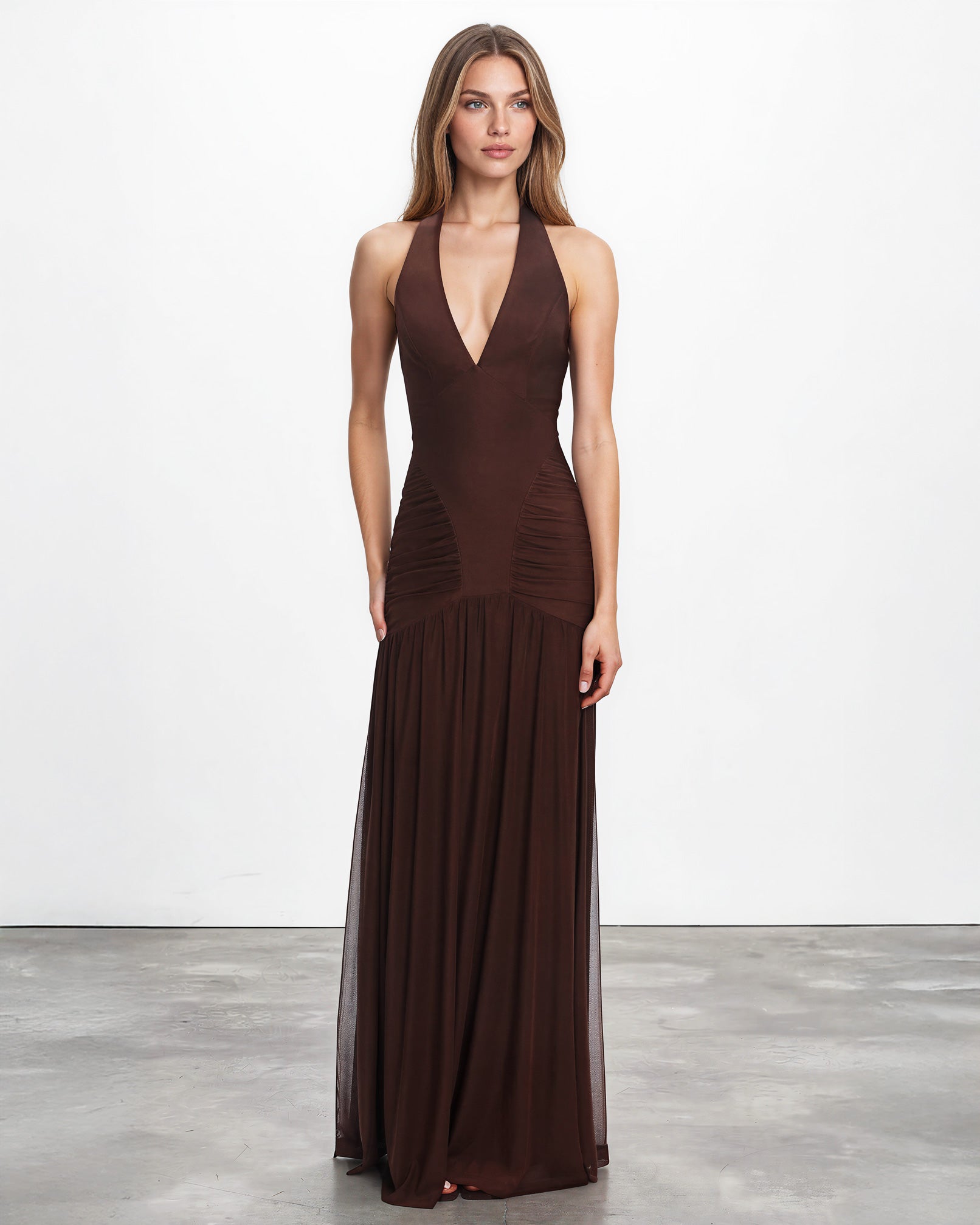 Amelie Mesh Maxi Dress Chocolate Front