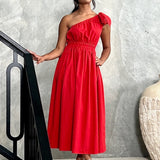 Angelina One Shoulder Maxi Dress - Red