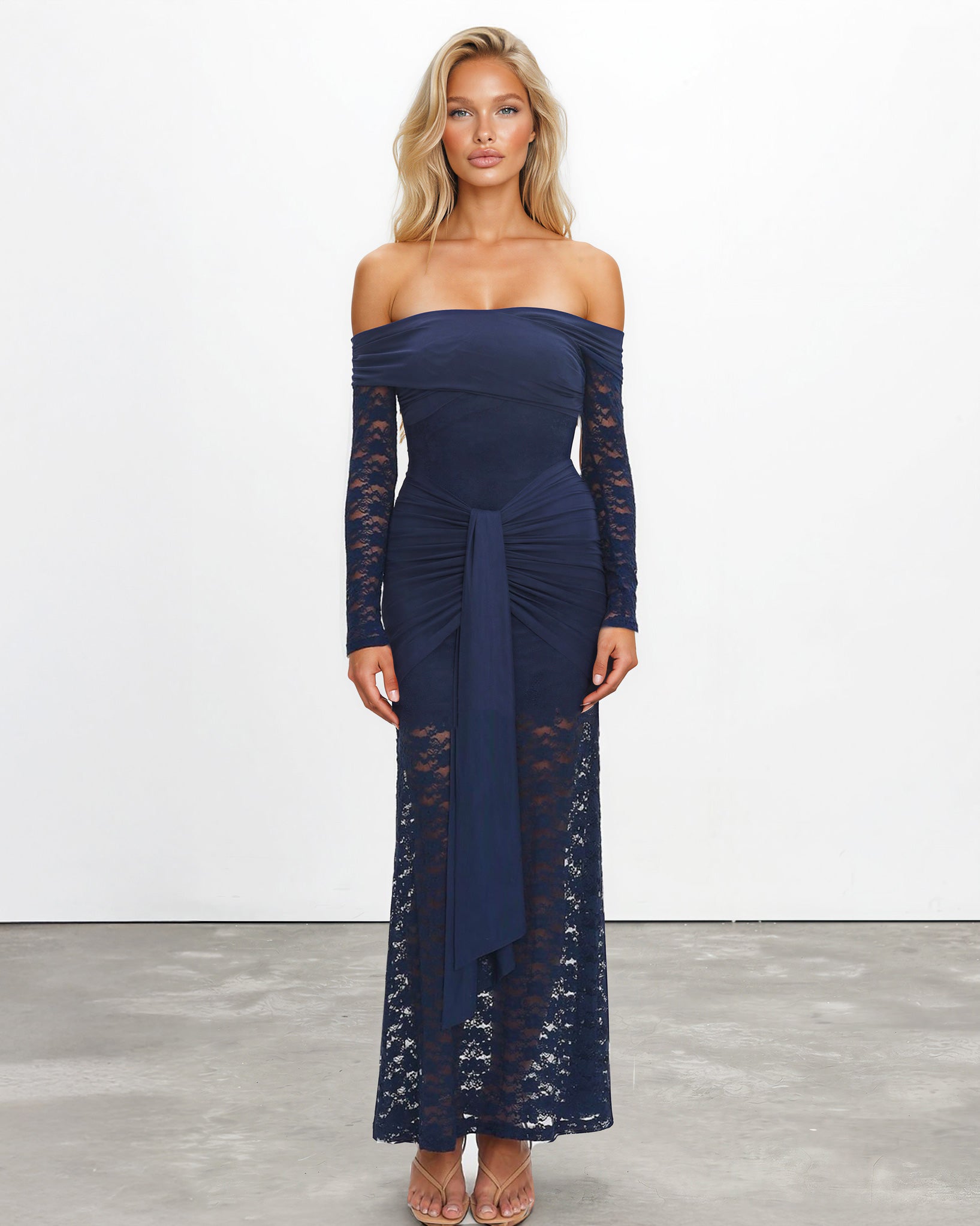Angelina Long Sleeve Lace Maxi Dress Navy front