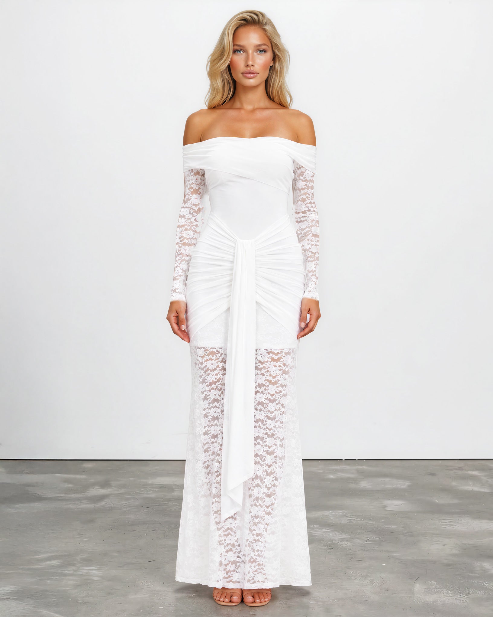 Angelina Long Sleeve Lace Maxi Dress White front