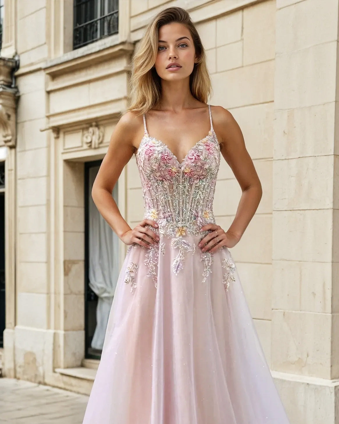 Aphrodite Floral Tulle Gown Formal Dress Light Pink Front