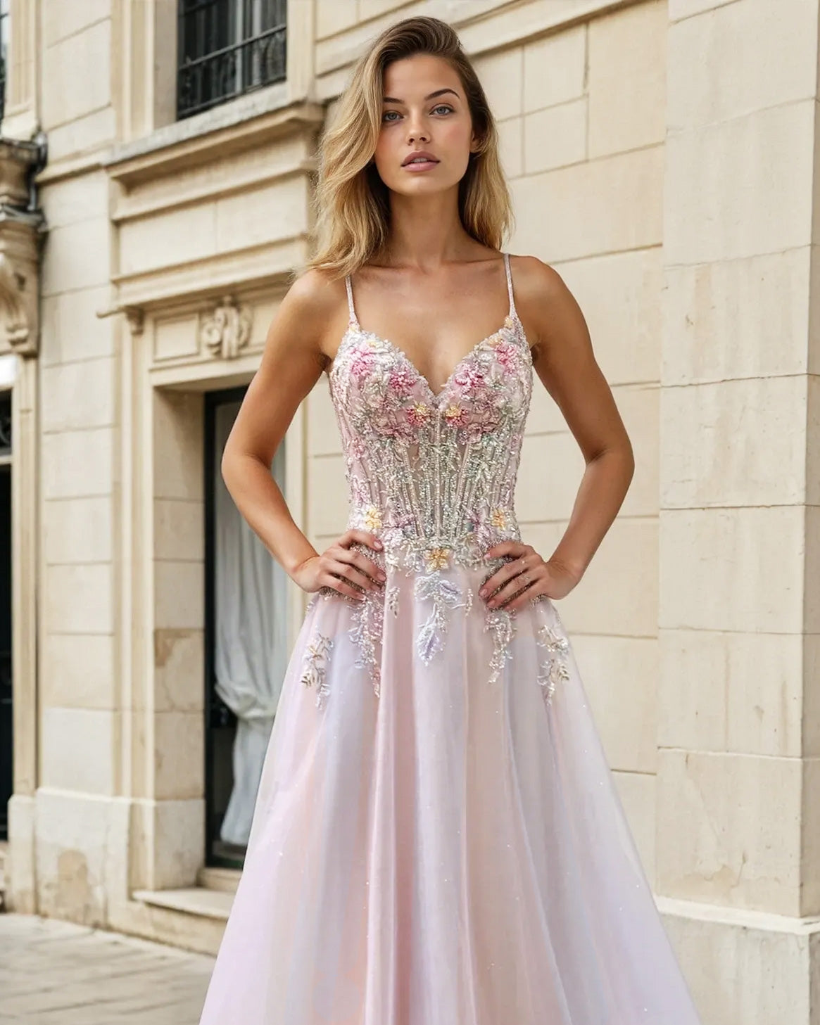 Aphrodite Floral Tulle Gown Light Pink Front