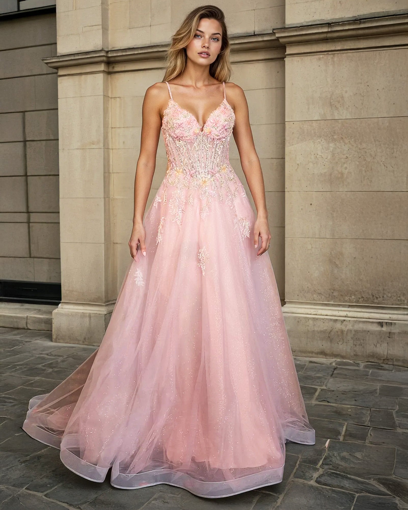 Aphrodite Floral Tulle Gown Light Pink Front