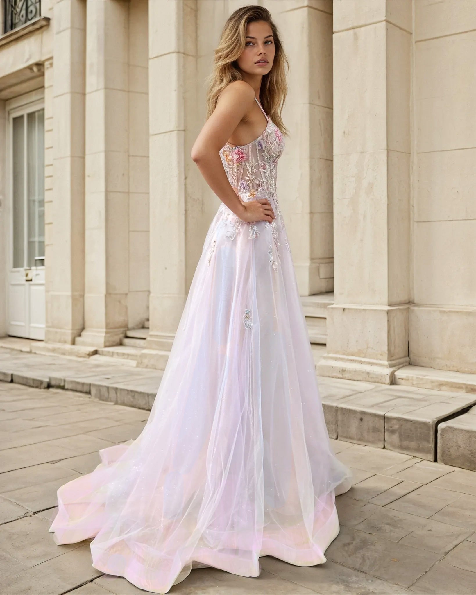 Aphrodite Floral Tulle Gown Light Pink Back