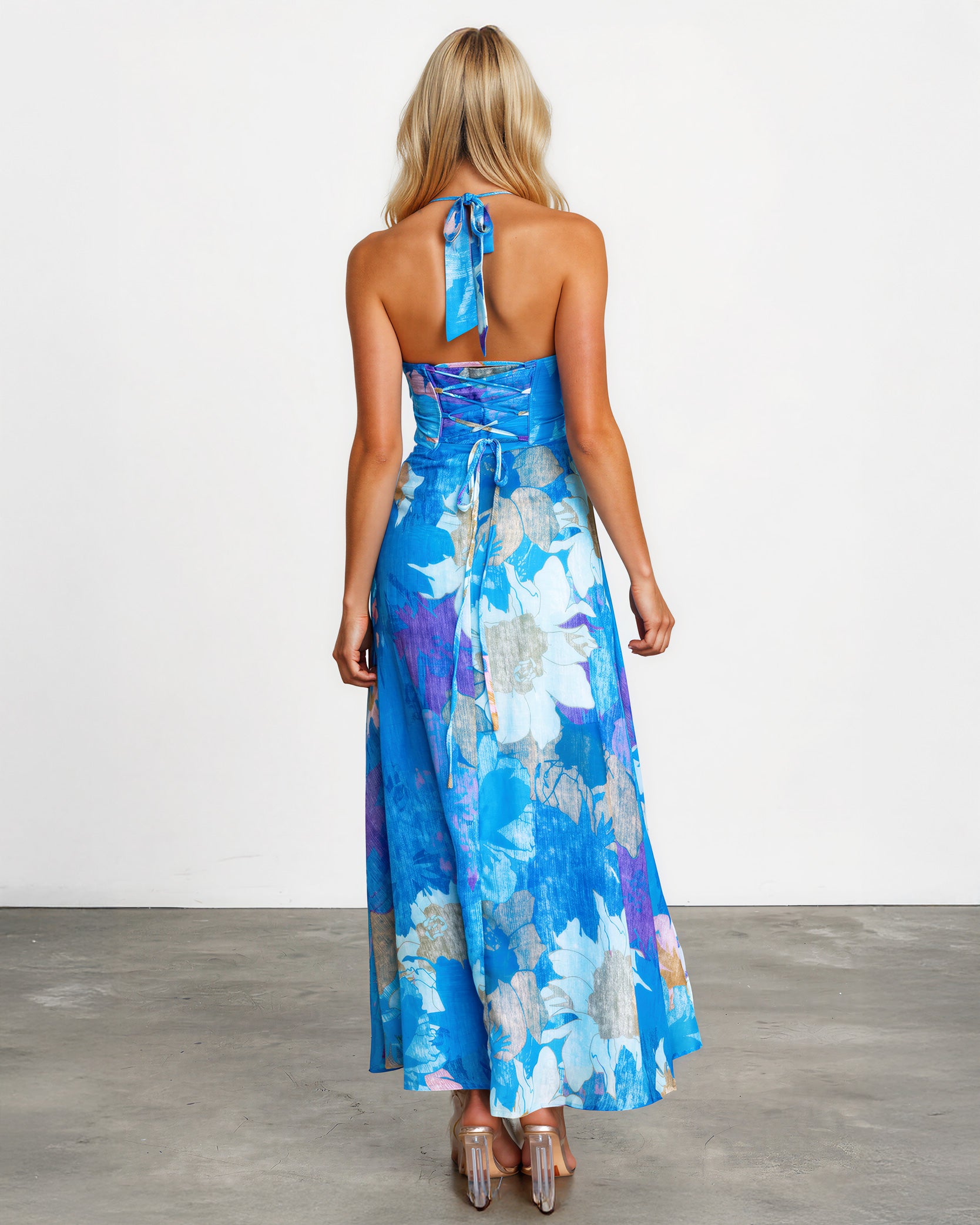 Audrey Halterneck Maxi Dress Blue Print Back