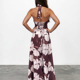 Audrey Halterneck Maxi Dress Chocolate Floral Back