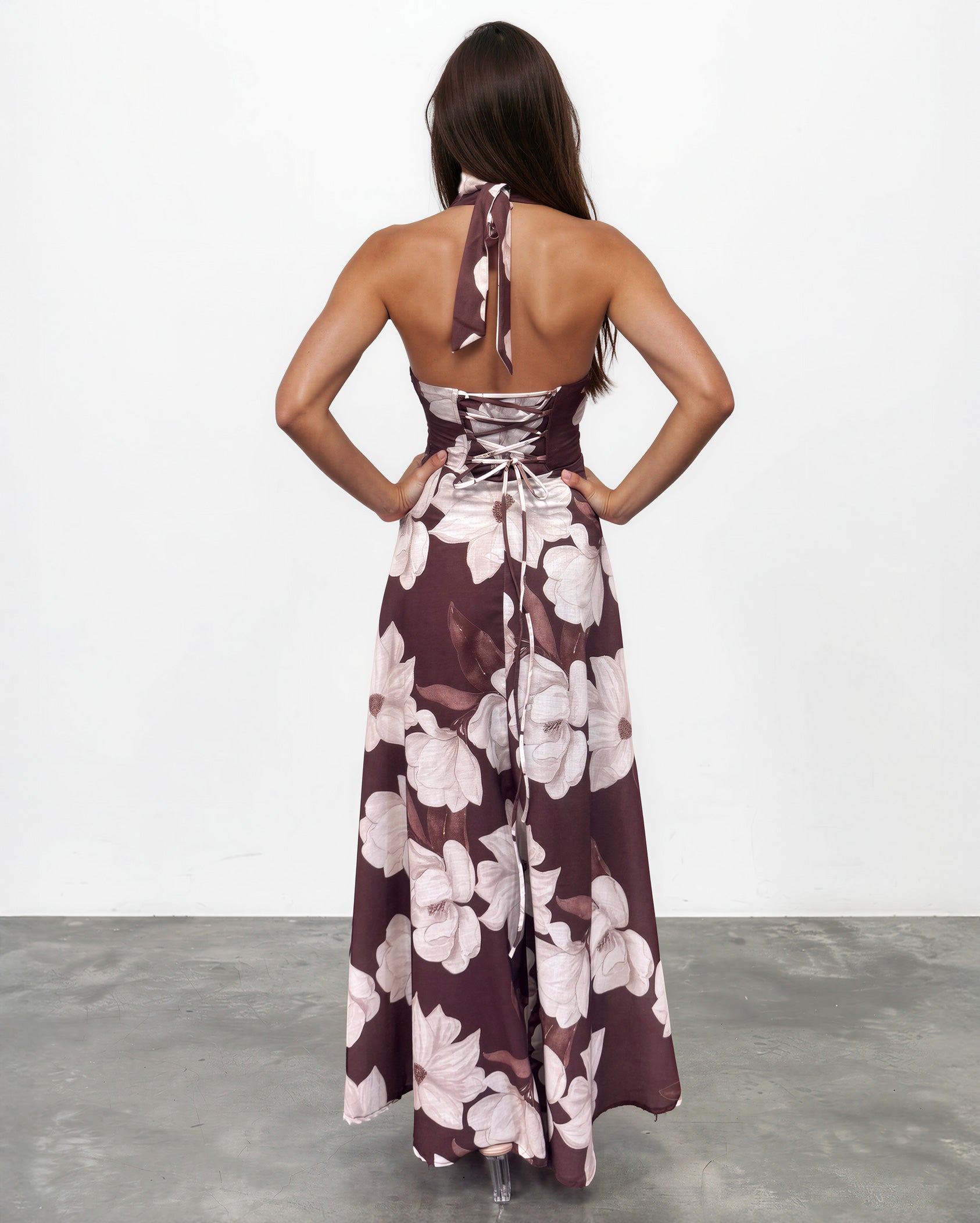 Audrey Halterneck Maxi Dress Chocolate Floral Back