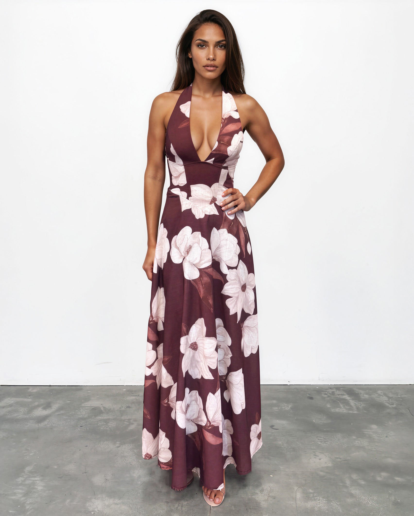Audrey Halterneck Maxi Dress Chocolate Floral Front