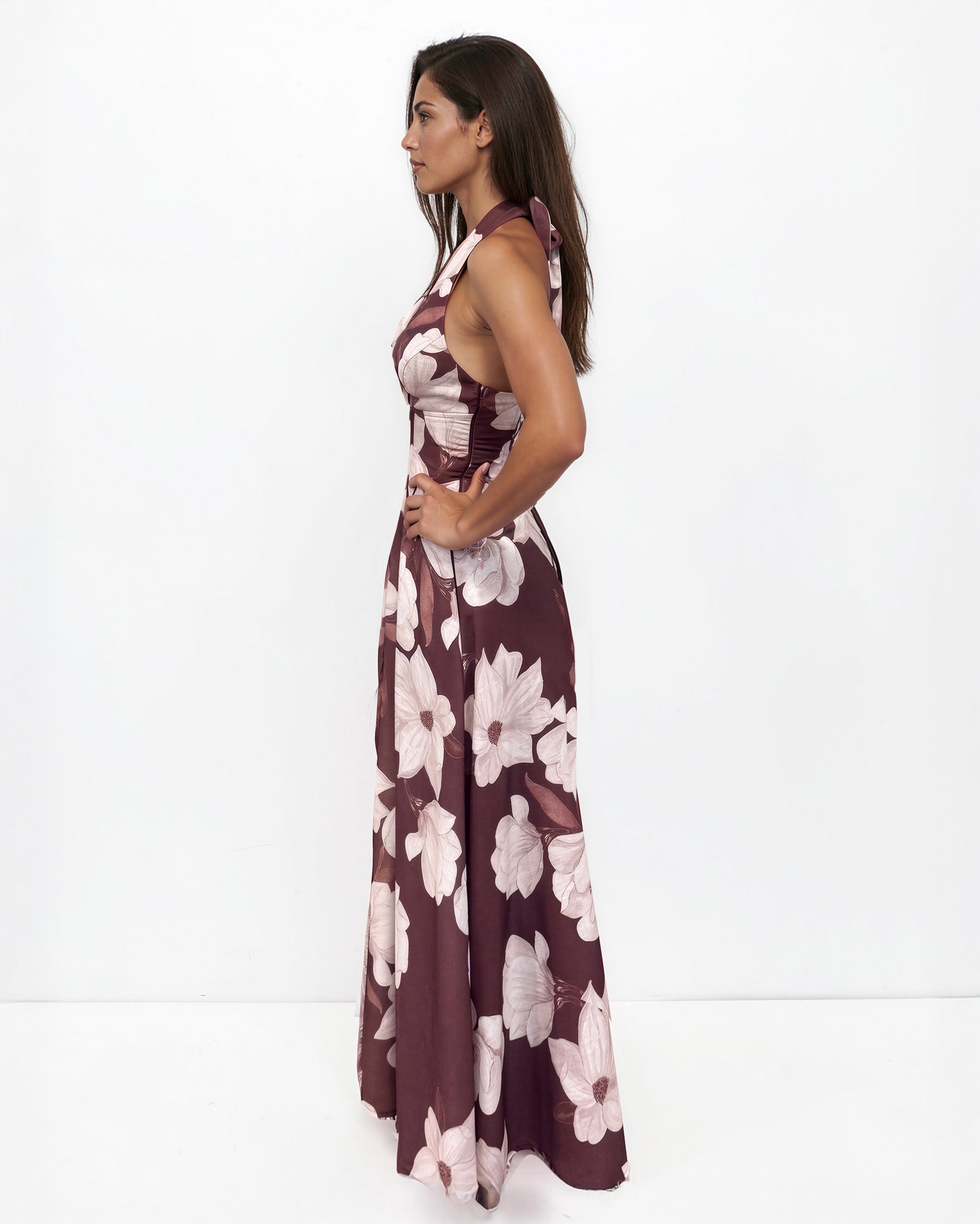 Audrey Halterneck Maxi Dress Chocolate Floral Side