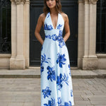 Audrey Halterneck Maxi Dress Blue Floral Front