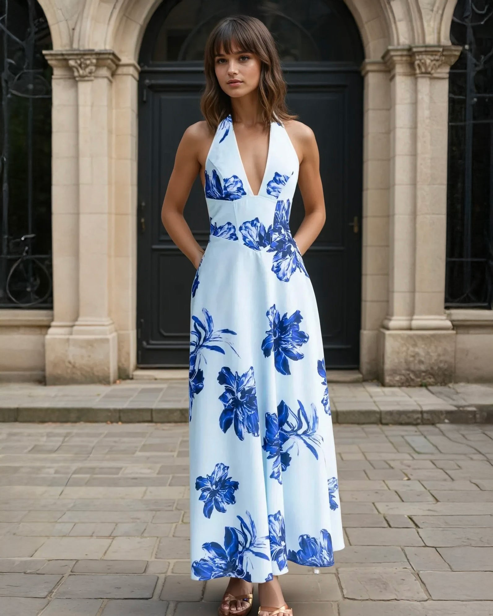 Audrey Halterneck Maxi Dress Blue Floral Front