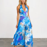 Audrey Halterneck Maxi Dress Blue Print Front