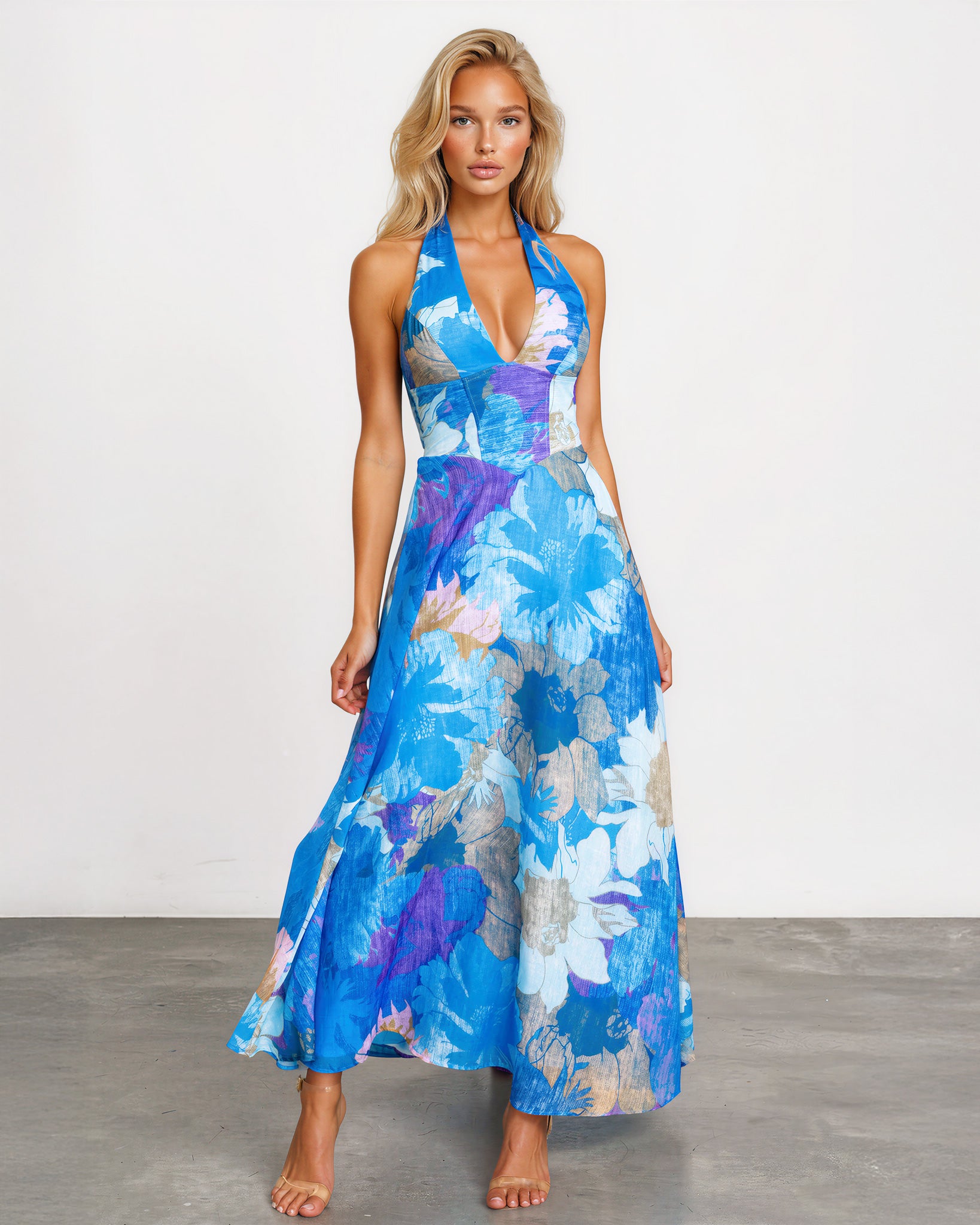 Audrey Halterneck Maxi Dress Blue Print Front