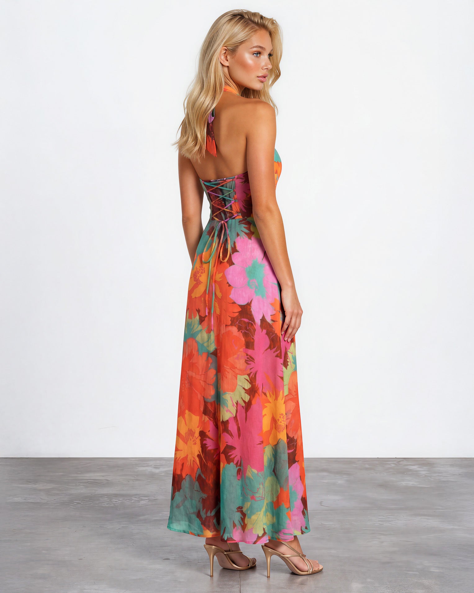 Audrey Halterneck Maxi Dress Orange Print back