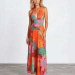Audrey Halterneck Maxi Dress Orange Print front