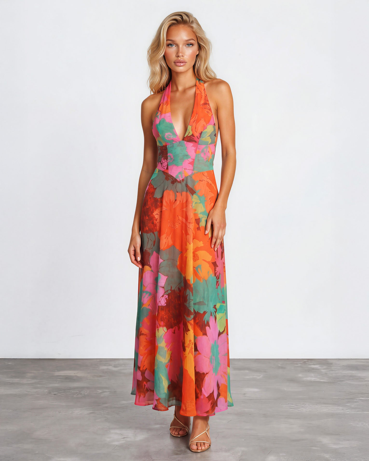 Audrey Halterneck Maxi Dress Orange Print front