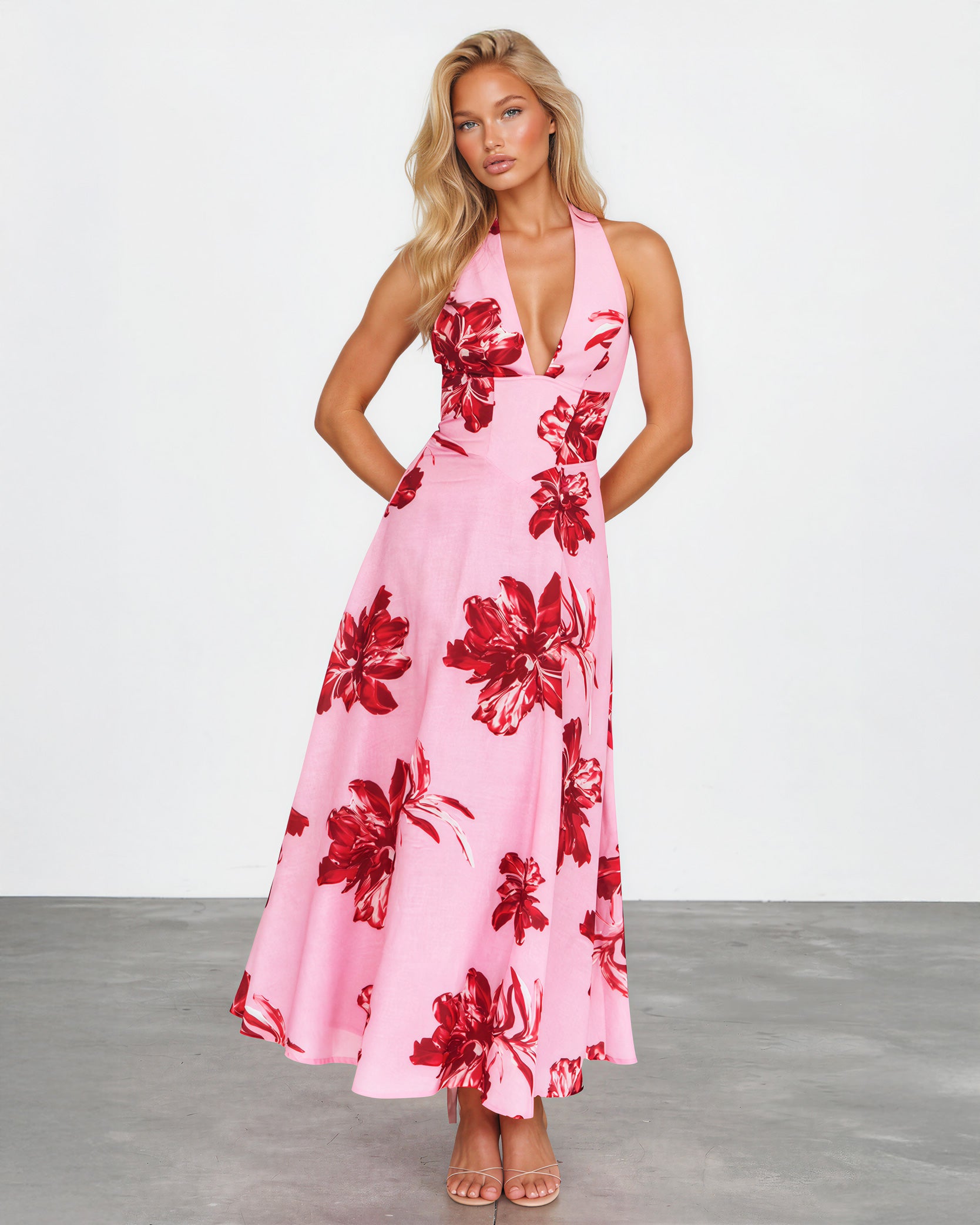 Audrey Halterneck Maxi Dress Red Print front