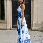 Audrey Halterneck Maxi Dress Blue Floral Side
