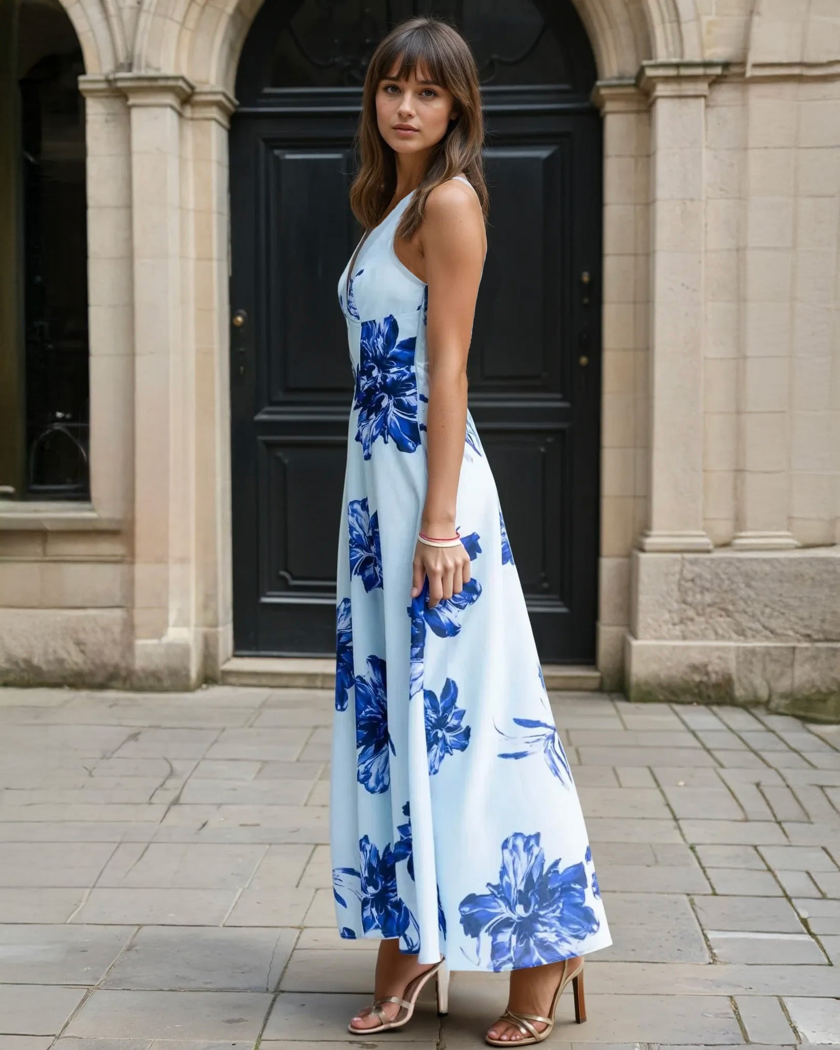 Audrey Halterneck Maxi Dress Blue Floral Side