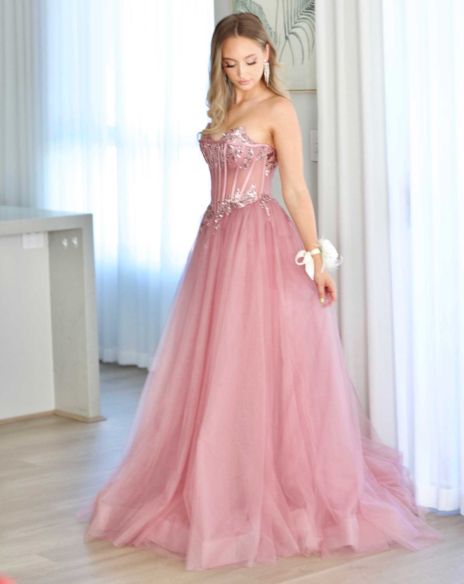 Aurora Strapless Corset Gown - Rose