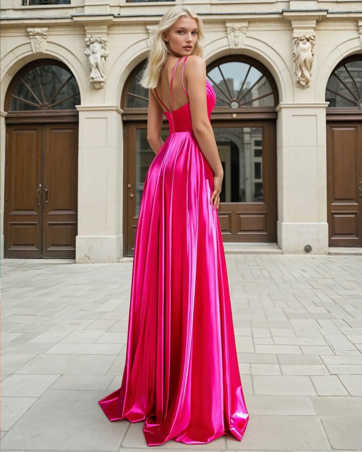 Ava Satin Gown Hot Pink Back