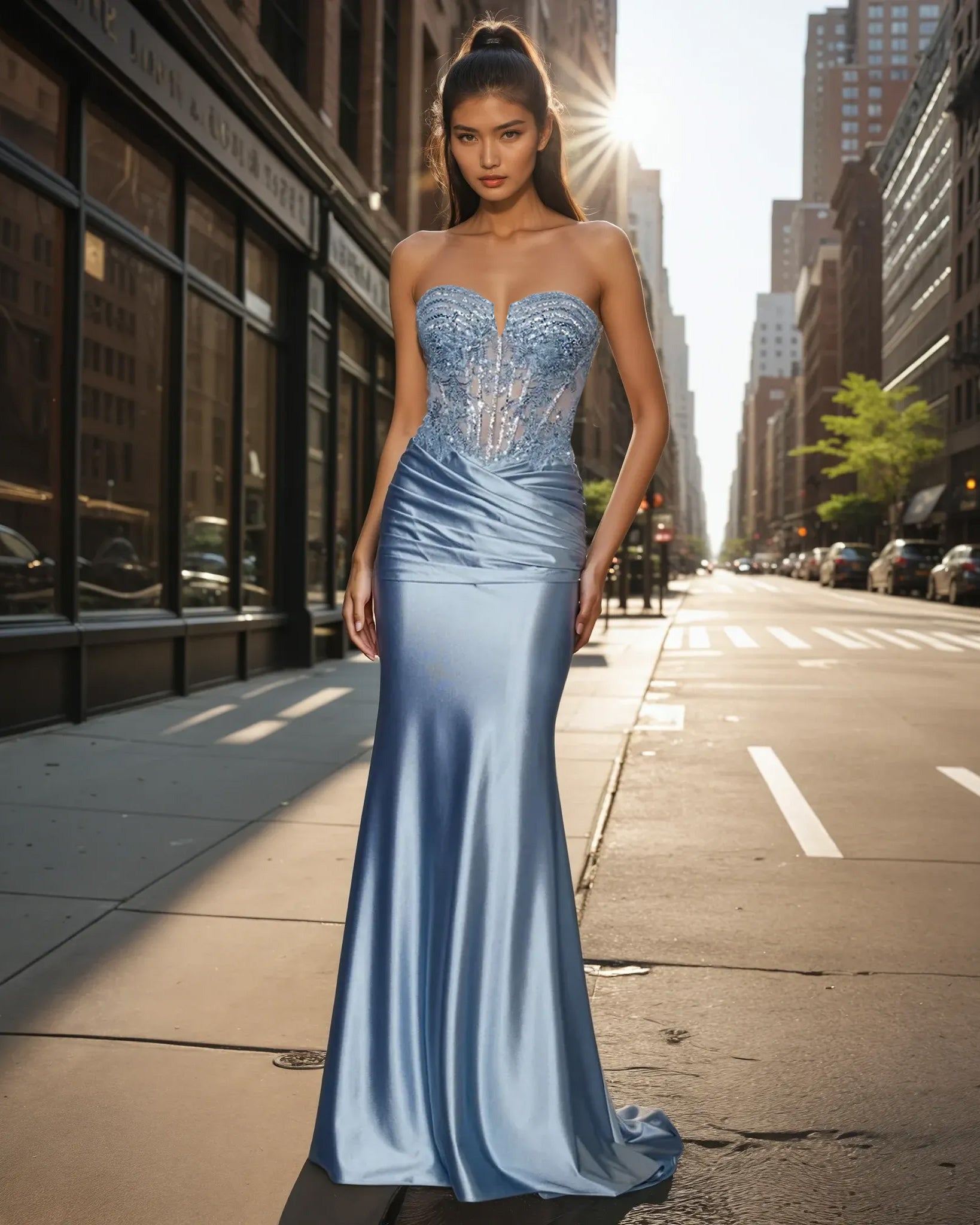 Ayla Strapless Corset Gown Antique Blue Front