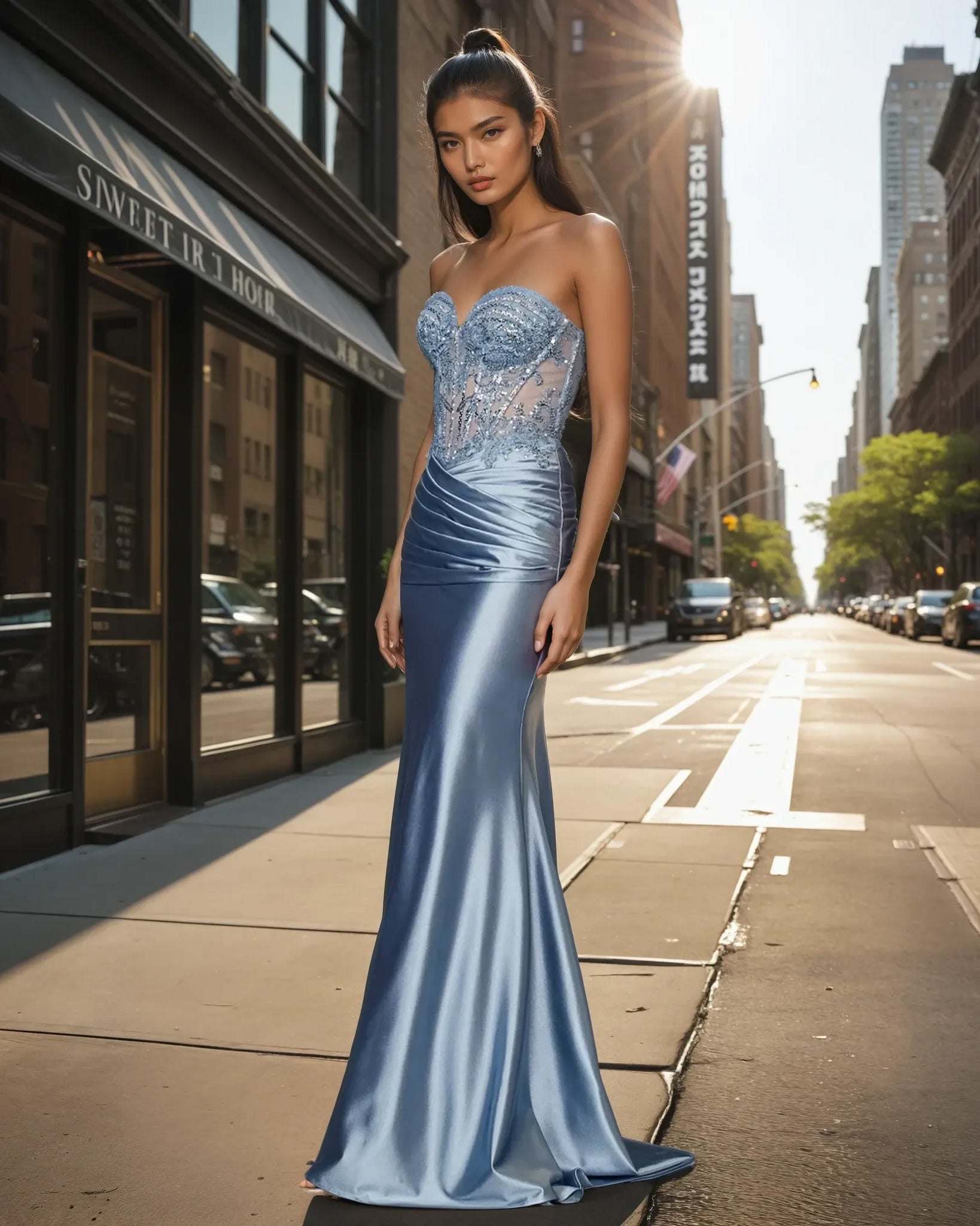 Ayla Strapless Corset Gown Antique Blue Side