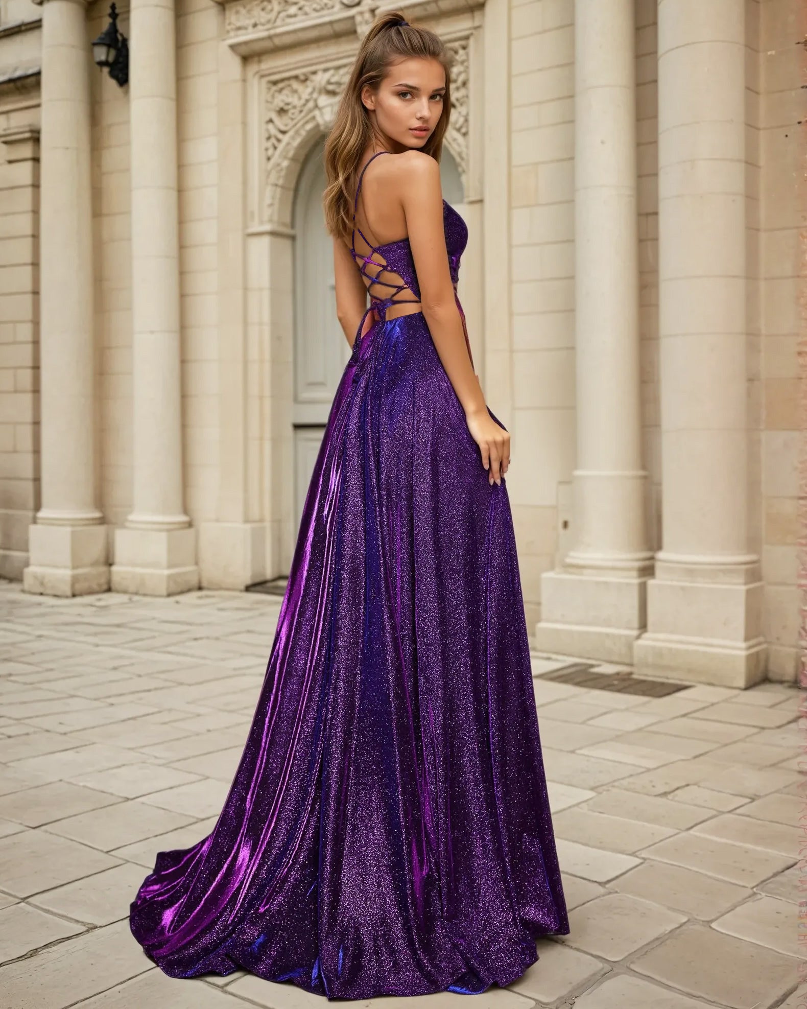 Woman in a purple evening dress formal a-line gown standing in front of classical architecture.