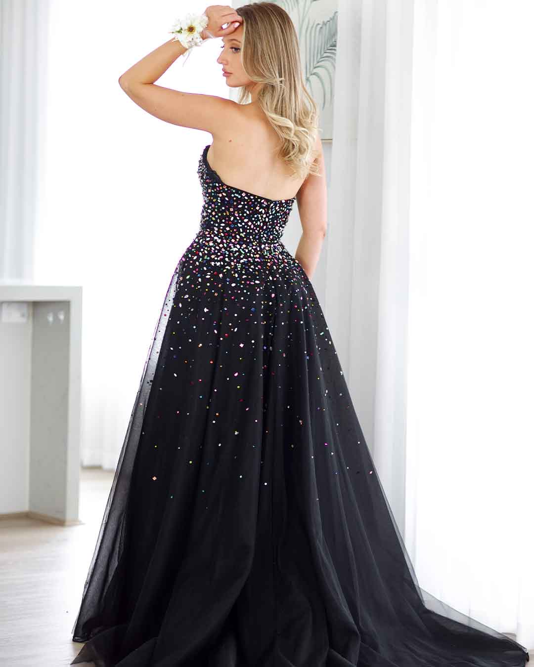 Beatrice Beaded Tulle Gown - Black