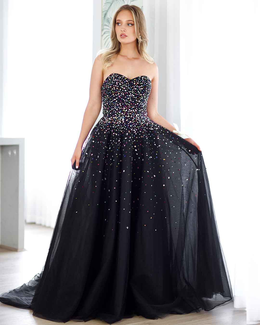 Beatrice Beaded Tulle Gown - Black