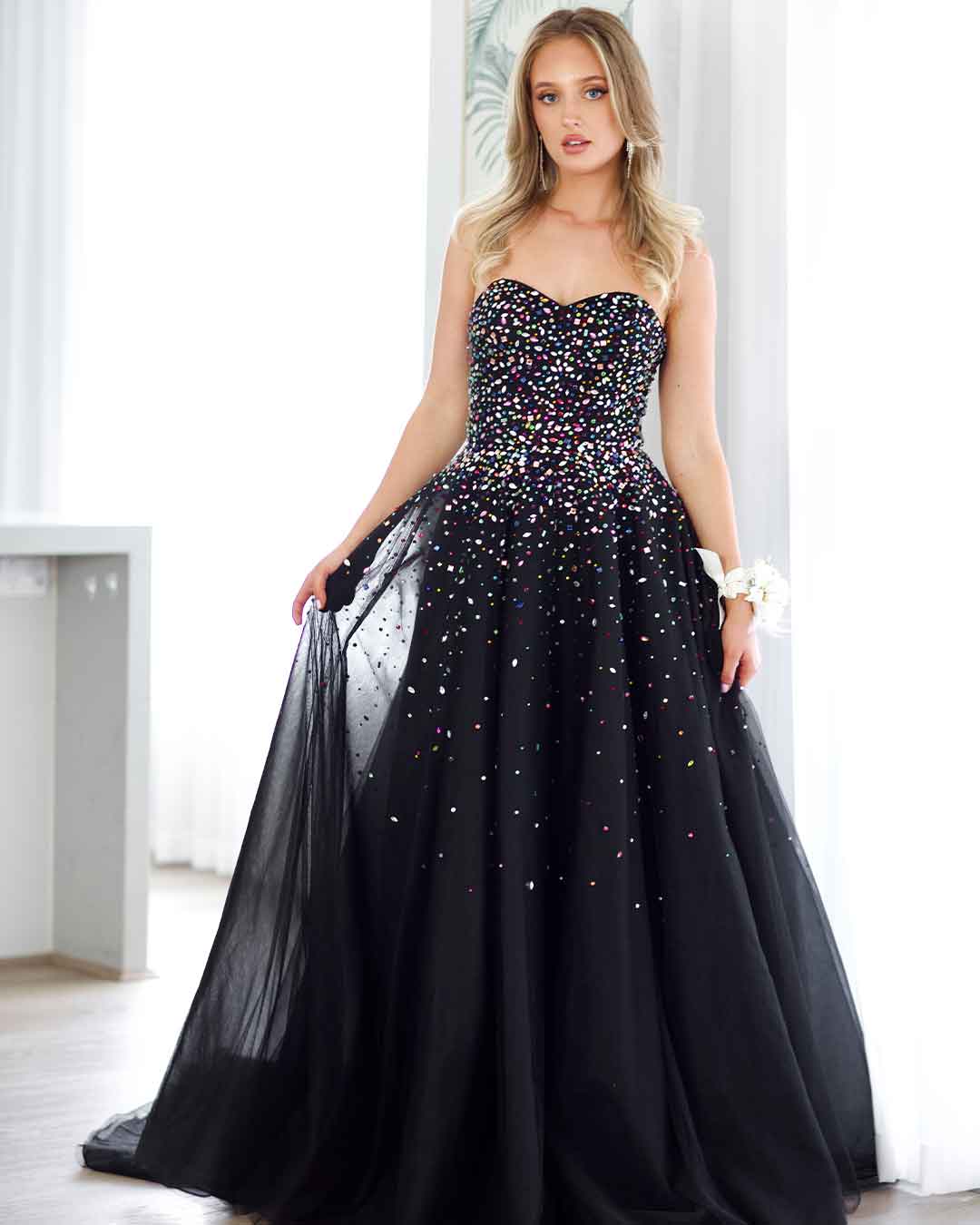 Beatrice Beaded Tulle Gown - Black