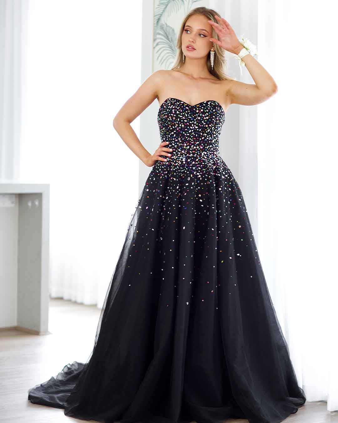 Beatrice Beaded Tulle Gown - Black