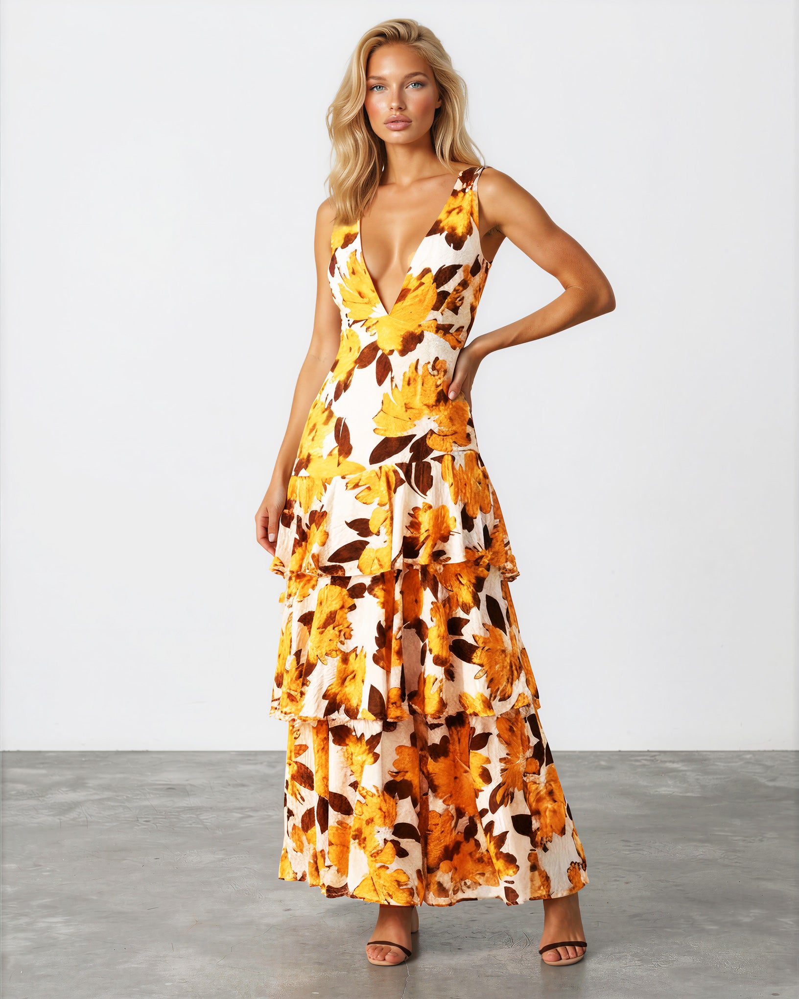 Bella Layered Maxi Dress Yellow Print front