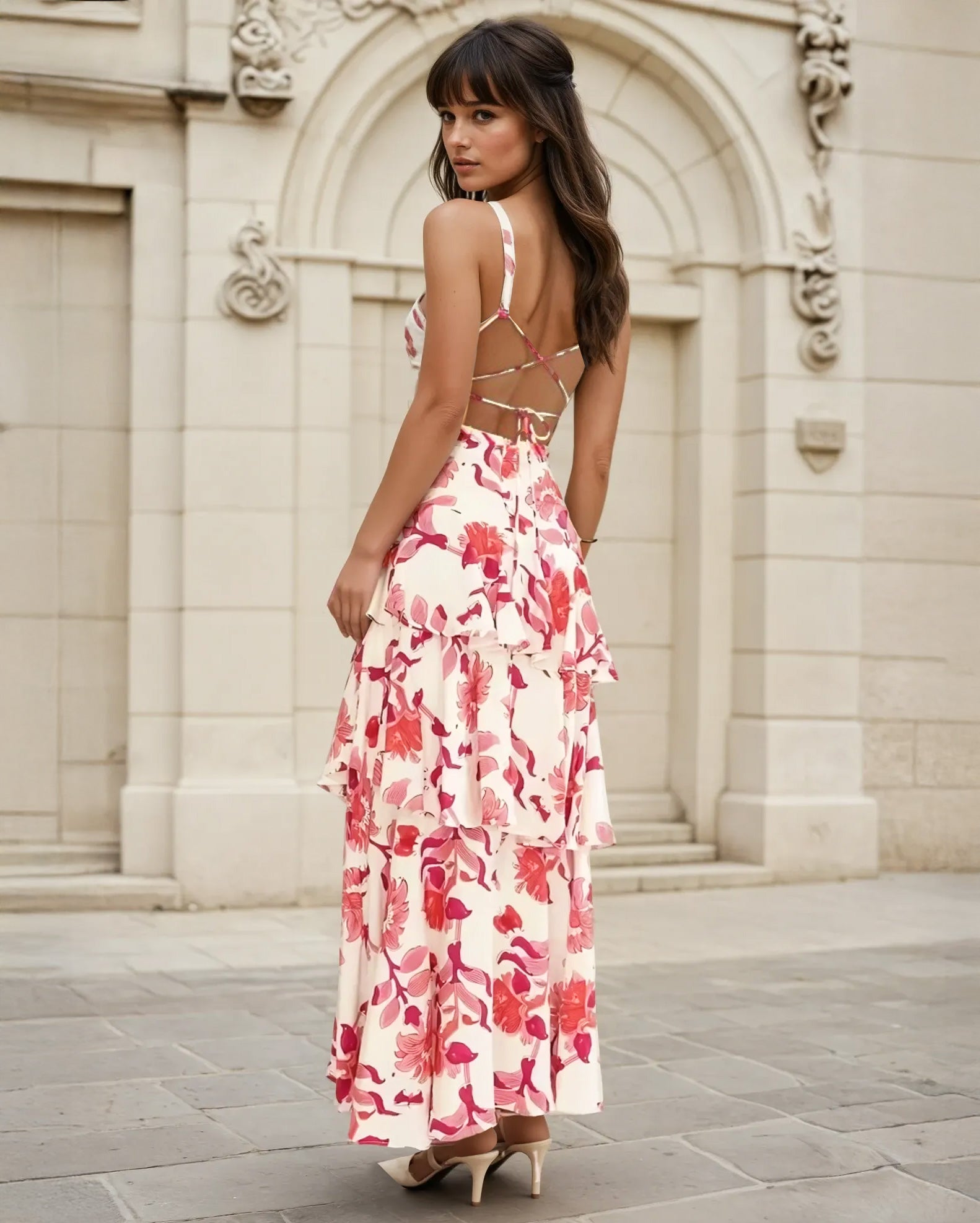 Bella Layered Maxi Dress Pink Print Back