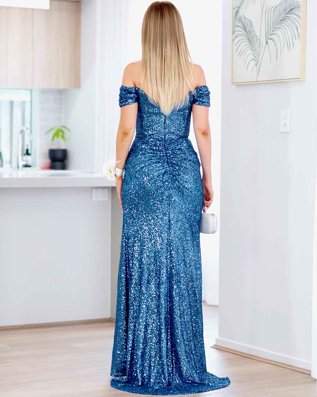 Bellatrix Off Shoulder Sequin Gown - Lapis Blue