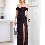 Bellatrix Off Shoulder Sequin Gown - Black