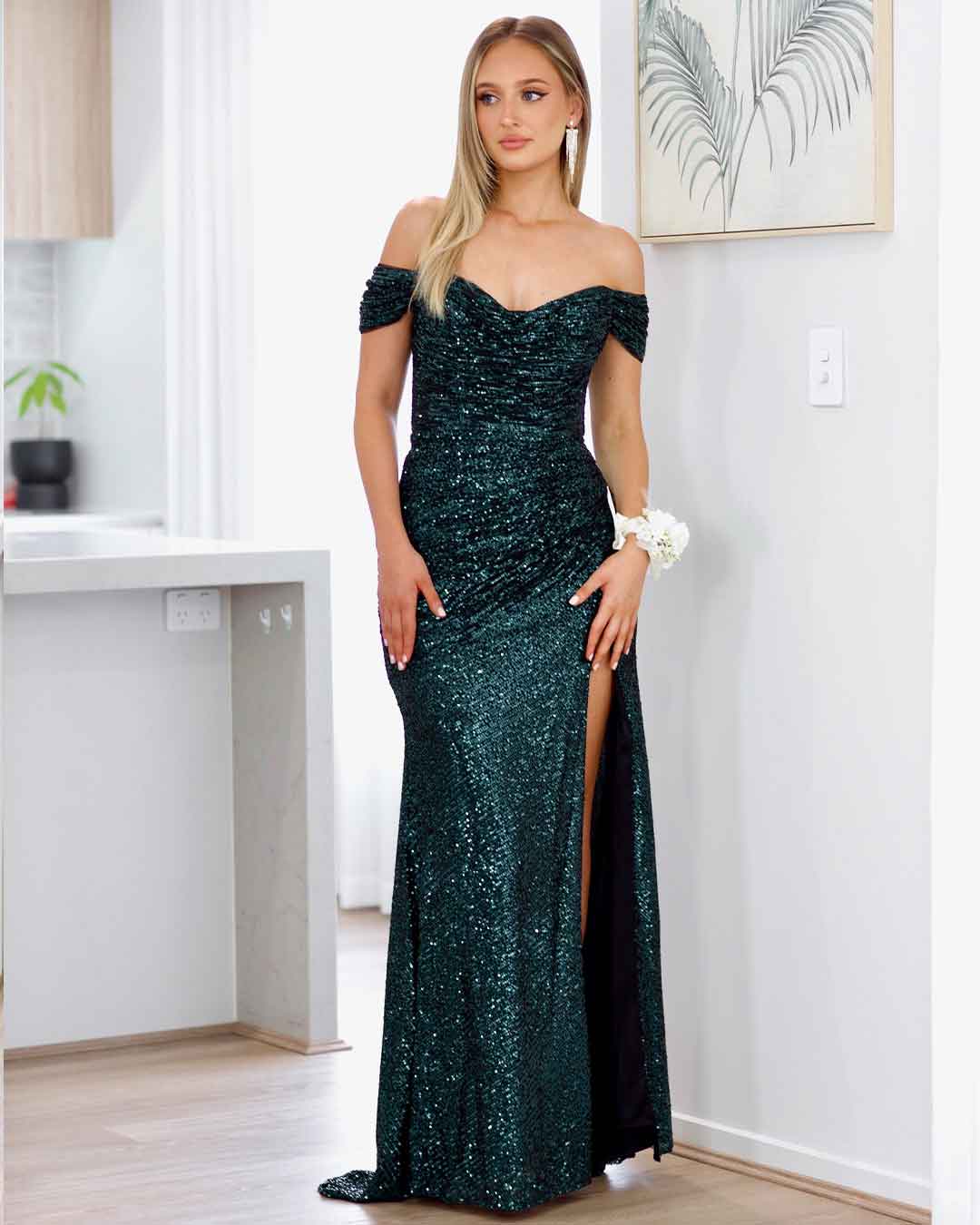 Bellatrix Off Shoulder Sequin Gown - Emerald