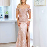 Bellatrix Off Shoulder Sequin Gown - Rose Gold