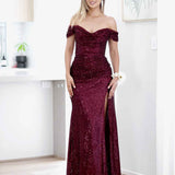 Bellatrix Off Shoulder Sequin Gown - Wine