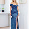 Bellatrix Off Shoulder Sequin Gown - Lapis Blue