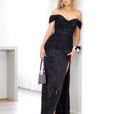 Bellatrix Off Shoulder Sequin Gown - Black