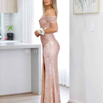 Bellatrix Off Shoulder Sequin Gown - Rose Gold