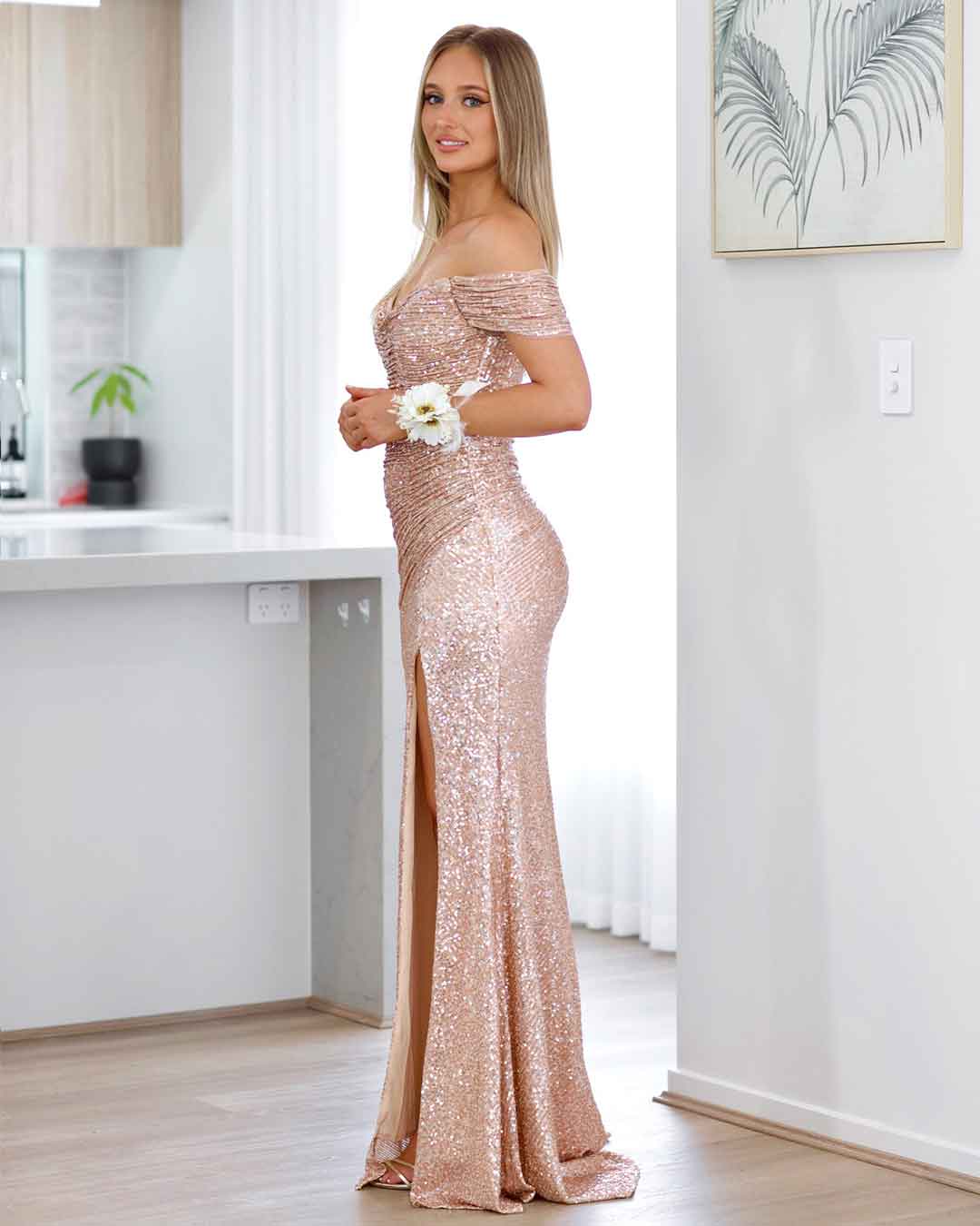 Bellatrix Off Shoulder Sequin Gown - Rose Gold