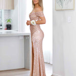 Bellatrix Off Shoulder Sequin Gown - Rose Gold