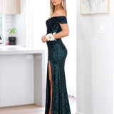 Bellatrix Off Shoulder Sequin Gown - Emerald