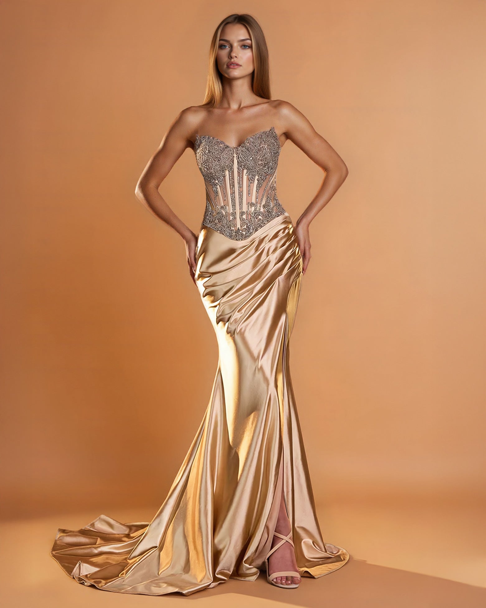 Bianca Strapless Corset Gown Gold front