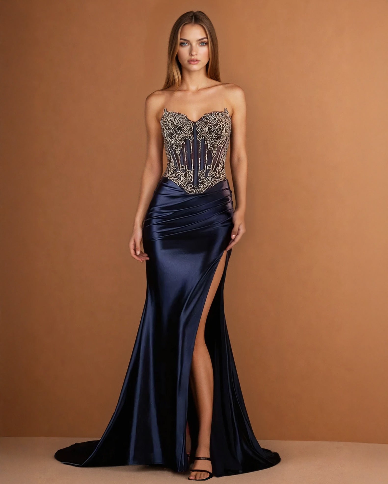 Bianca Strapless Corset Gown Navy Front