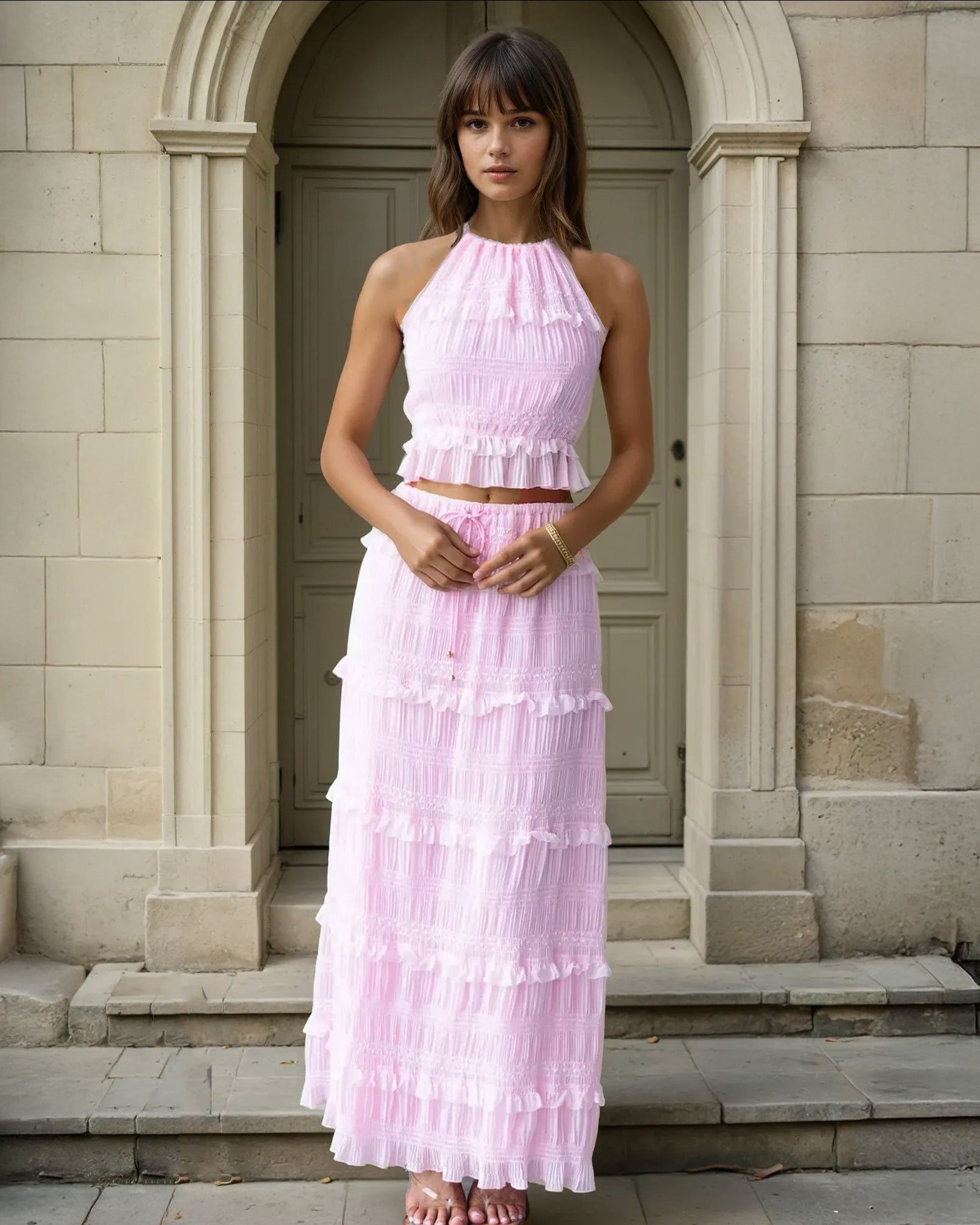 Calliope Maxi Top and Skirt Set Baby Pink Front